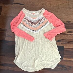 We The Free Coral and Cream Long Sleeve Top